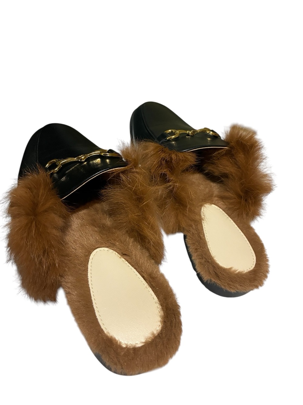 Black Leather Fur-Trim Mule with Gold Horsebit - Picture 2 of 4